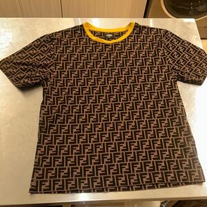 Fendi Logo Tee in Brown and Black with Yellow Accent Worn 3x Dry cleaned 2x